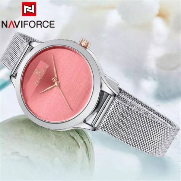 NaviForce NF5027 Simple Casual Round Mesh Stainless Steel Quartz Watch For Women - Pink/Silver - Image 3