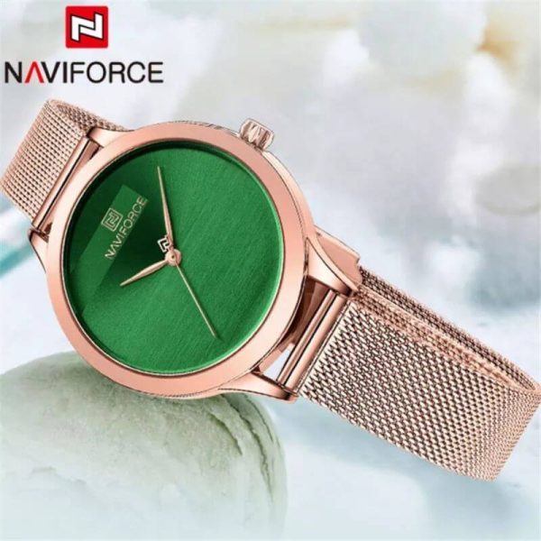 NaviForce NF5027 Simple Casual Round Mesh Stainless Steel Quartz Watch For Women - Green/Rosegold - Image 3