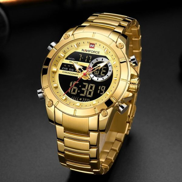 NaviForce NF9163 Double Time Luxury Business Edition Stainless Steel Watch - Golden - Image 3