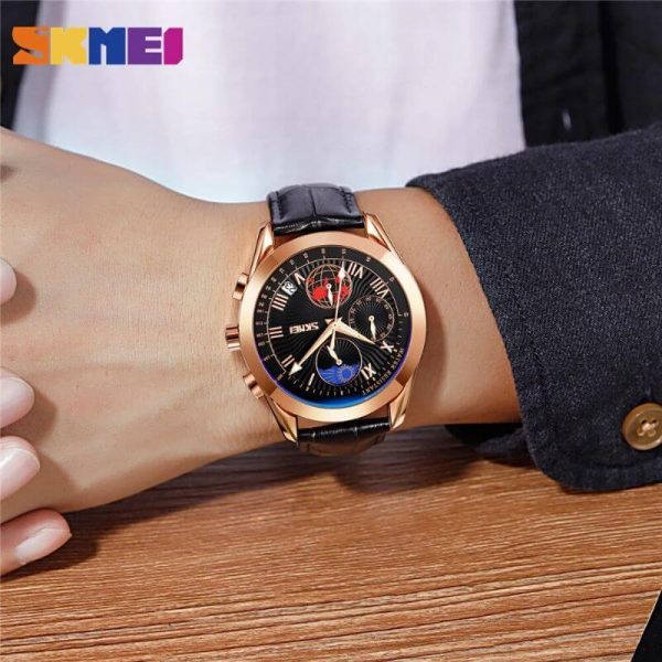 SKMEI 9236 Creative Moonphase Multifunction Date Display Leather Strap Watch For Men - Black/RoseGold - Image 2