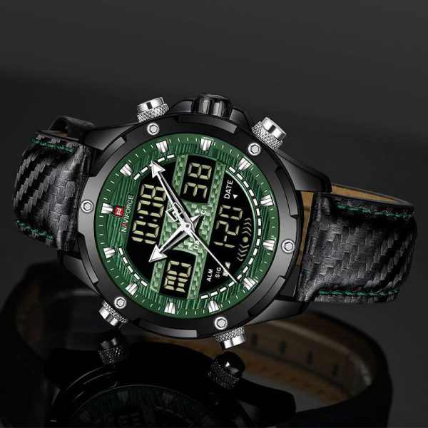 NaviForce NF9194 Multifunction Digital Analog LCD Leather Strap Complete Calendar Wristwatch For Men - Green - Image 5