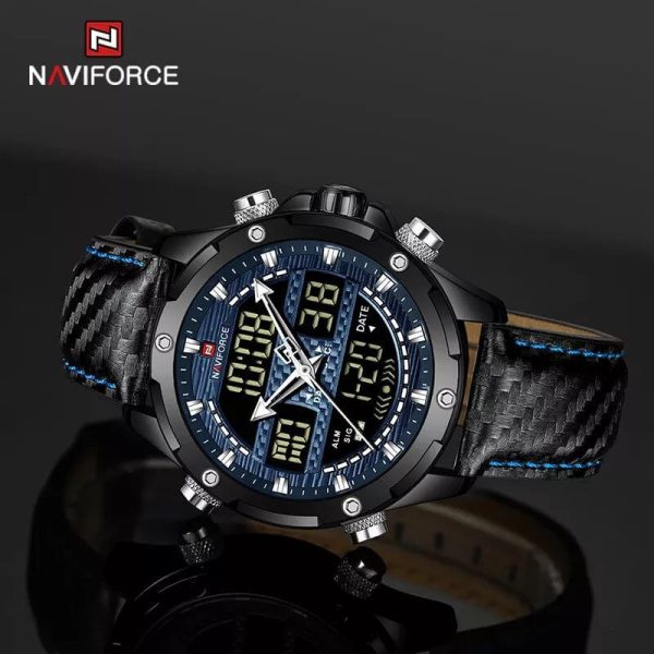 NaviForce NF9194 Multifunction Digital Analog LCD Leather Strap Complete Calendar Wristwatch For Men - Blue/Black - Image 3