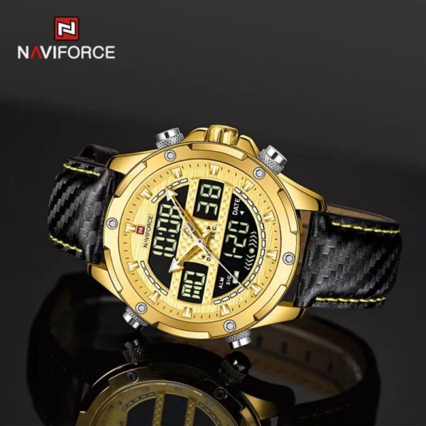 NaviForce NF9194 Multifunction Digital Analog LCD Leather Strap Complete Calendar Wristwatch For Men - Golden/Black - Image 5