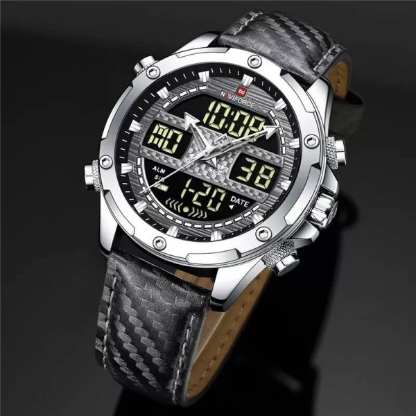 NaviForce NF9194 Multifunction Digital Analog LCD Leather Strap Complete Calendar Wristwatch For Men - Grey - Image 3