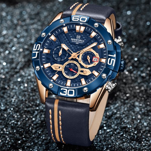 NAVIFORCE NF8019 Men's Multifunction Luminous Chronograph Leather Strap Quartz Watch - Blue/Rosegold - Image 2