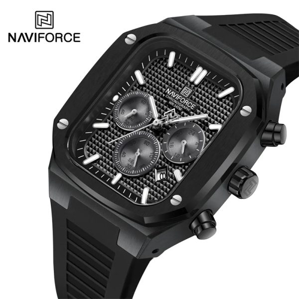 NaviForce NF8037 Classic Square Chronograph Date Display Luminous Silicon Strap Watch For Men - Black