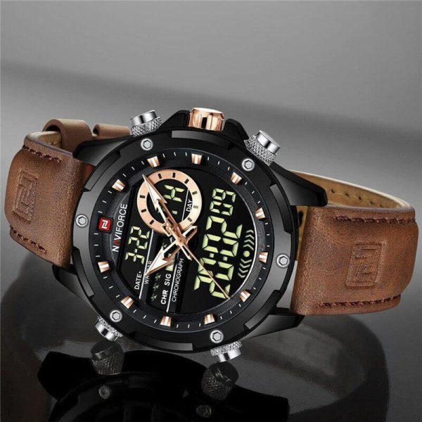 NaviForce NF9208 Men's Dual Display LCD Leather Strap Complete Calendar Wristwatch - Coffee - Image 3