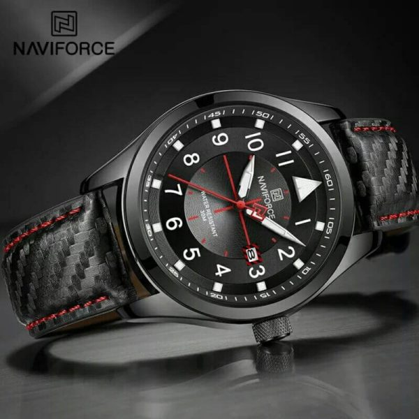 NaviForce NF8022 Men's Date Function Casual Leather Strap With Luminous Quartz Watch - Red/Black - Image 3