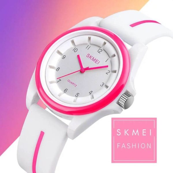 SKMEI 1578 Simple Numeric Round Dial Analog Silicone Strap Unisex Watch - White/Pink - Image 3