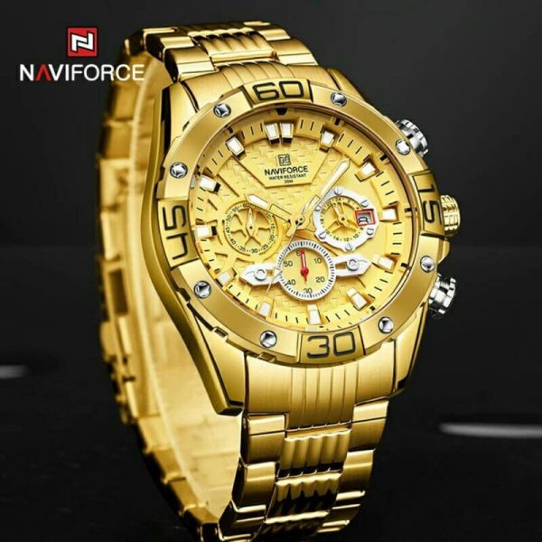 NAVIFORCE NF8019 Men's Stainless Steel Multifunction Luminous Chronograph Quartz Watch  - Golden - Image 3