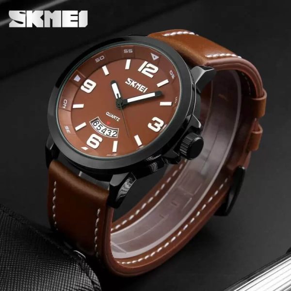 SKMEI 9115 Men's Casual Date Display Leather Strap Luminous Quartz Watch - Coffee/Brown - Image 2