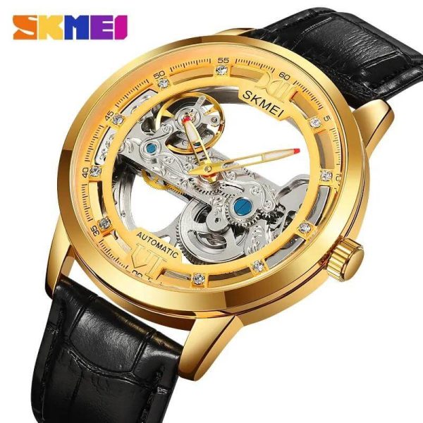 SKMEI M031 Fully Automatic Men's Hollowed Out Fashion Mechanical  Leather Strap Watch - Golden/Black