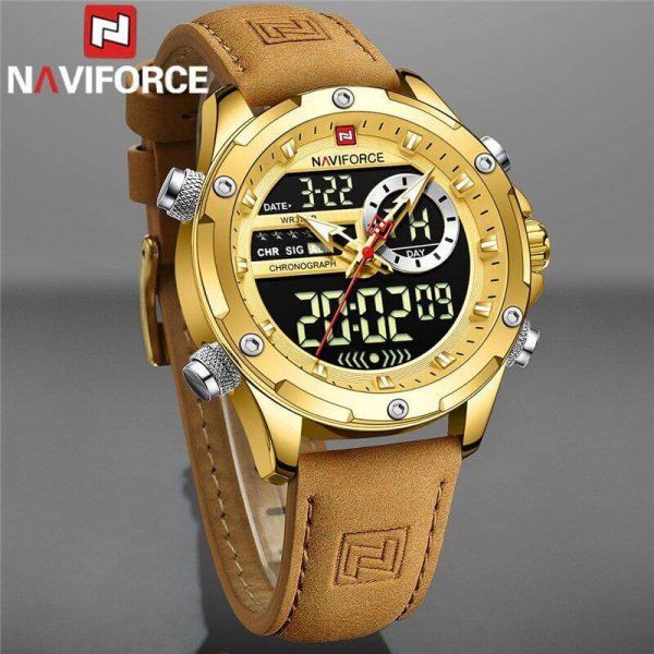 NaviForce NF9208 Men's Dual Display LCD Leather Strap Complete Calendar Wristwatch - Golden - Image 2