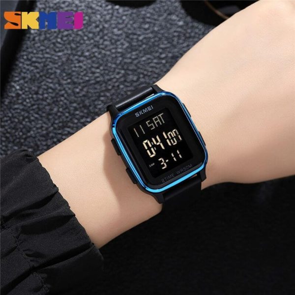 SKMEI 1858 Fashion LED Light Digital Rectangle Shape Complete Calendar Wristwatch For Men - Blue - Image 2