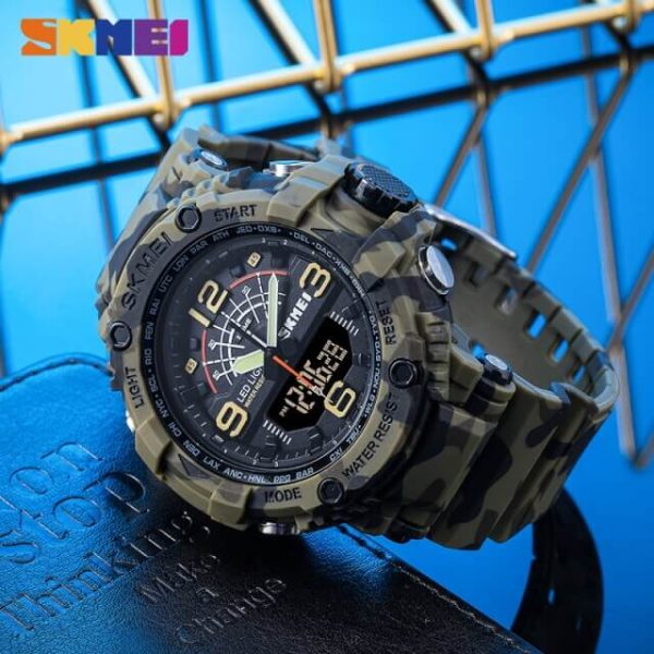 SKMEI 1617 Military 3 Time Big Dial Fashion Sport Digital  Analog Wristwatch For Men - Camouflage/Green - Image 3