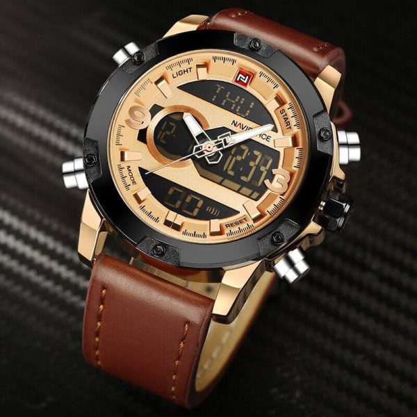 NaviForce NF9097 Dual Time Digital/Analog Quartz Watch - Brown - Image 2