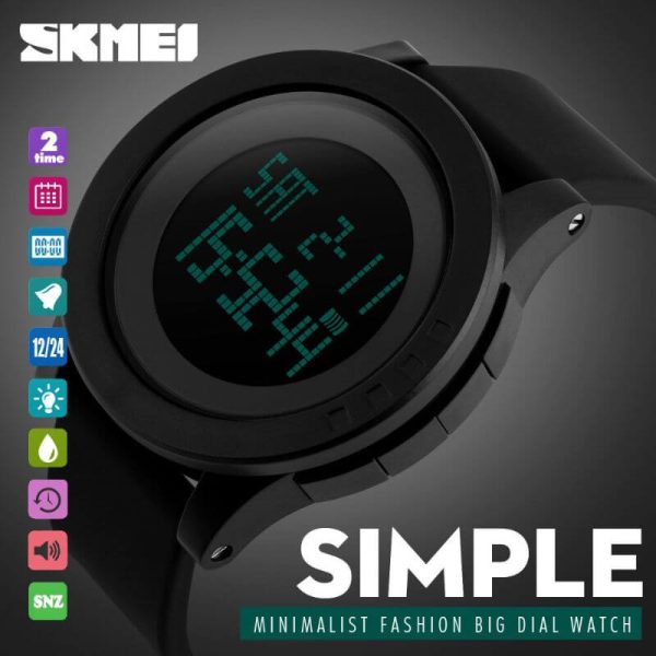 SKMEI 1142 Men's LED Large Dial Digital Alarm Calendar Silicone Strap Waterproof Sport Watch -  Black - Image 2