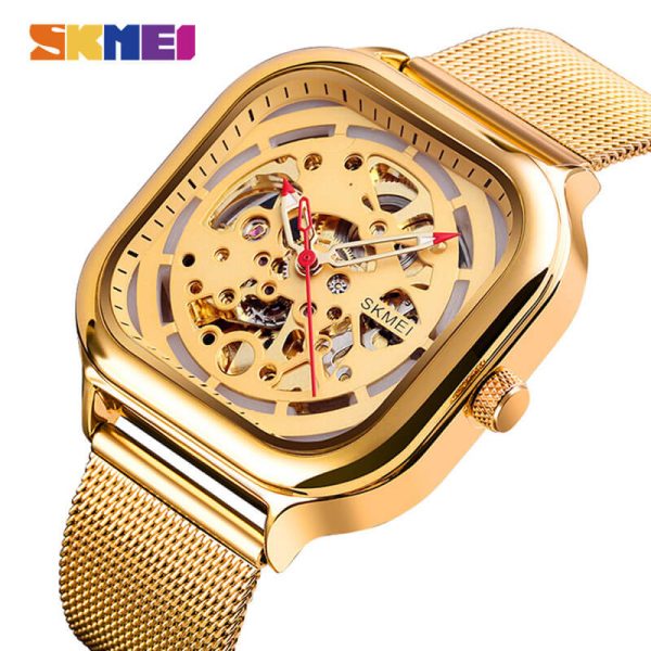 Skmei 9184 Men's Automatic Mechanical Square Dial Fashion Stainless Steel Mesh Watch - Golden