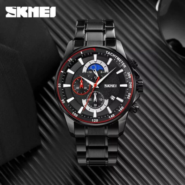 SKMEI 9250 Men's Multifunction Moonphase Creative Design Chronograph Date Display Stainless Steel Watch - Black - Image 3