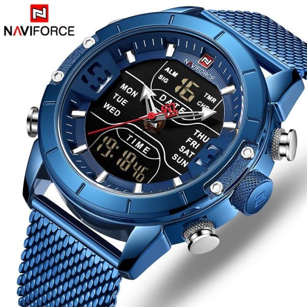 NAVIFORCE NF9153 Multi-Function Stainless Steel Mesh Digital/Analog Watch For Men – Blue