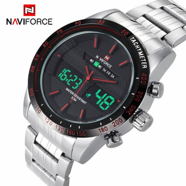 NaviForce NF9024 Double Time Analog Digital Stainless Steel Watch For Men – Red/Silver