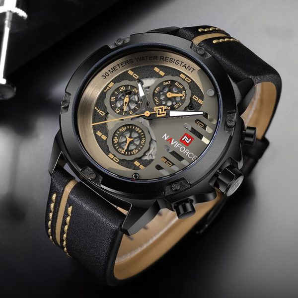 NAVIFORCE NF9110 Luxury Chronograph Analog Quartz Leather Casual Watch For Men - Black - Image 2