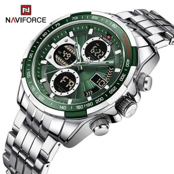 NAVIFORCE NF9197  Men's Business Stainless Steel Day Date Function Analog Digital Wristwatch - Green/Silver