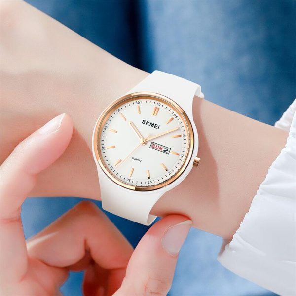 SKMEI 1747 Women's Top Luxury Round Dial Date Day Display Silicon Strap Quartz Moment Watch - White - Image 3