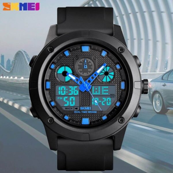 SKMEI 1514 Multifunction Outdoor Digital Analog Luminous Complete Calendar Wristwatch For Men - Black/Blue - Image 3