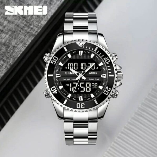 SKMEI 1850 Multifunction 3Time Analog Digital Stainless Steel watch For Men - Black/Silver - Image 3