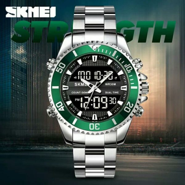 SKMEI 1850 Multifunction 3Time Analog Digital Stainless Steel watch For Men - Green/Silver - Image 3