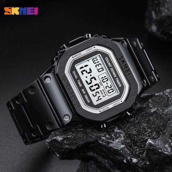 SKMEI 1456 Men's Stainless Steel Countdown Time Zone Waterproof LED Electronic Digital watch - Black - Image 2