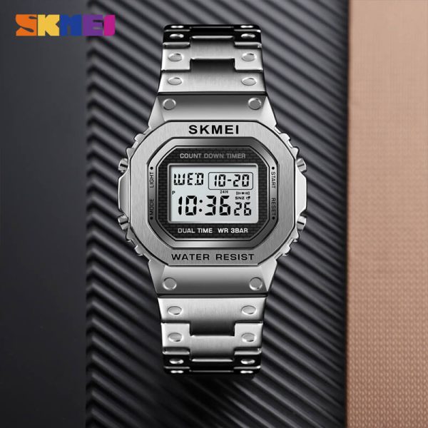 SKMEI 1456 Men's Stainless Steel Countdown Time Zone Waterproof LED Electronic Digital watch - Silver - Image 3