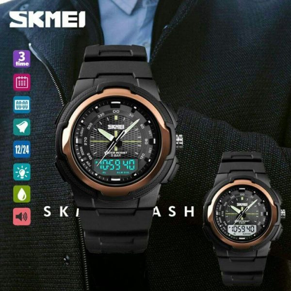 SKMEI 1454 Dual Time 50M WaterProof Silicon Outdoor Sporty Watch - Black/RoseGold