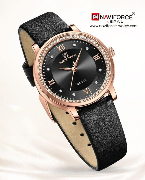 Naviforce NF5036 Classic Rhinestone Surrounded Leather Strap Roman Numeral Watch For Women - Black - Image 3