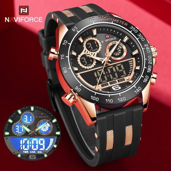 NAVIFORCE NF9188T Dual Screen Display Digital Analog Silicone Strap Watch For Men -Rosegold/Black - Image 3