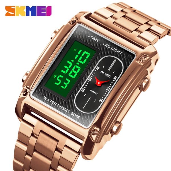 SKMEI 1868 Casual Rectangle Dial Digital Analog Luminous Stainless Steel Stopwatch For Men - RoseGold