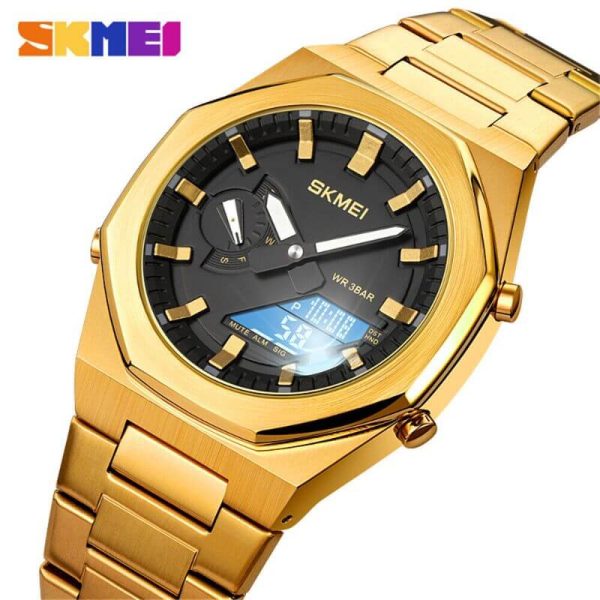 SKMEI 1816 Men's Electronic Dual Display Stainless Steel Multifunction Luminous Watch - Golden