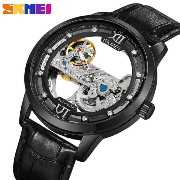 SKMEI M031 Fully Automatic Men's Hollowed Out Fashion Mechanical  Leather Strap Watch - Black