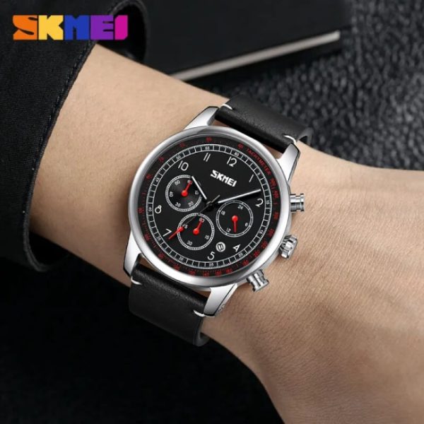 SKMEI 9318 Men's Casual Multifunction Tachymeter Leather Strap Luminous Watch - Red/Black - Image 2