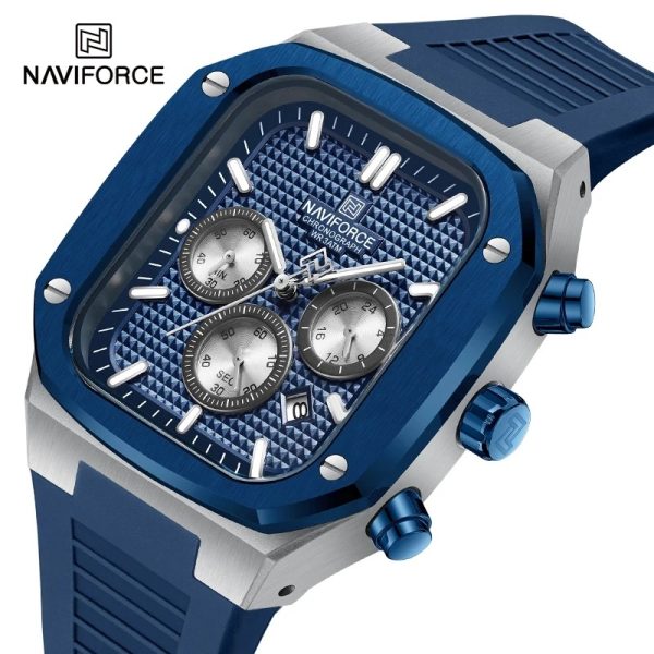 NaviForce NF8037 Classic Square Chronograph Date Display Luminous Silicon Strap Watch For Men - Blue/Silver