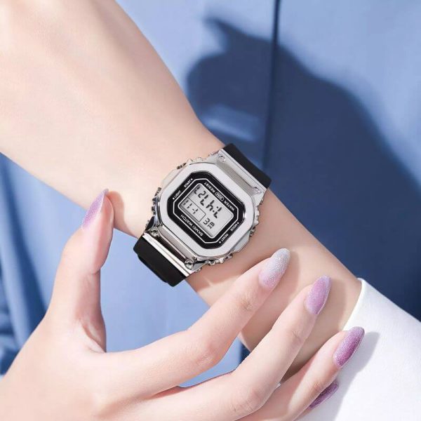 SKMEI 1796 Fashion Digital LED Light Display Multifunction Unisex Rectangle Dial Shape Watch - Silver/Black - Image 2