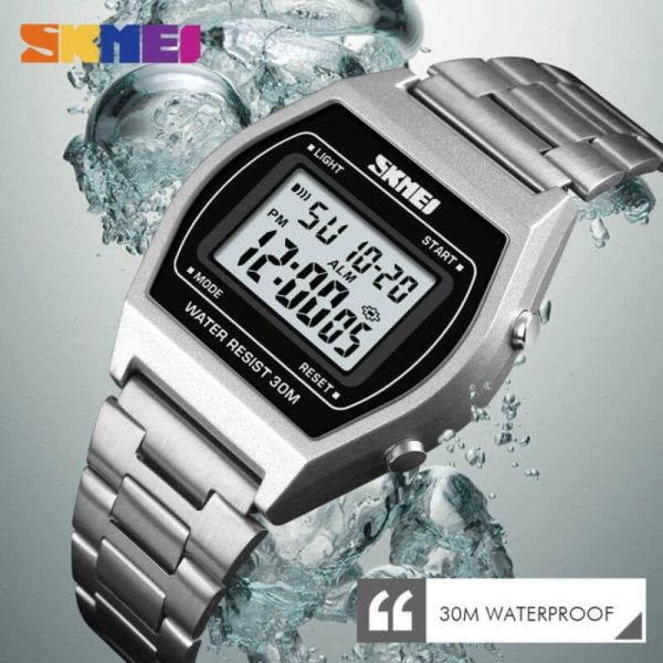 SKMEI 1328 Fashion Classic Unisex Count Down Waterproof Stainless Steel Digital LCD Alarm Clock Hours Watch - Silver - Image 4