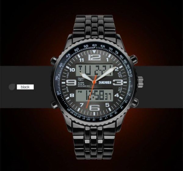 Skmei 1032 LED Dual Display Alarm Chrono Calendar Waterproof Full Stainless Steel Watch For Men - Black - Image 2