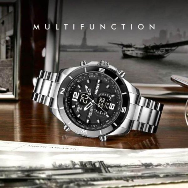 SKMEI 1670 Men's Double Movement Chronograph Waterproof Stainless Steel Multifunction Watch - Silver - Image 3