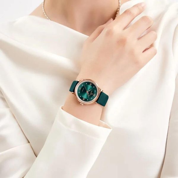 Naviforce NF5036 Classic Rhinestone Surrounded Leather Strap Roman Numeral Watch For Women - Green - Image 2