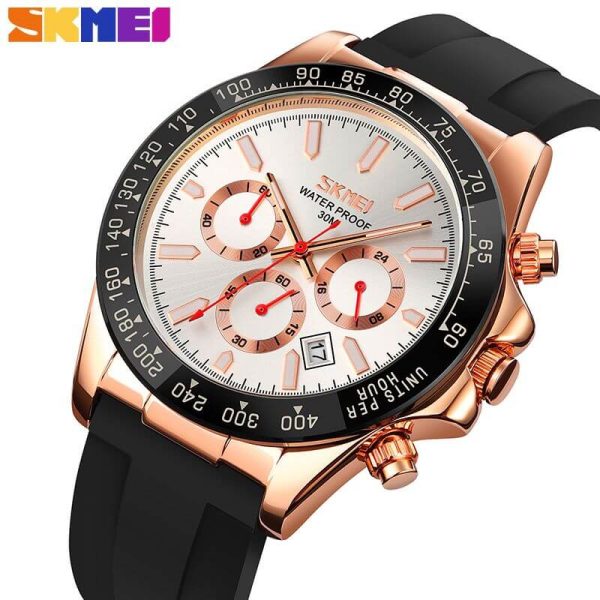 SKMEI 9275 Men's Business Chronograph Date Display Silicon Strap Quartz Watch - White/RoseGold