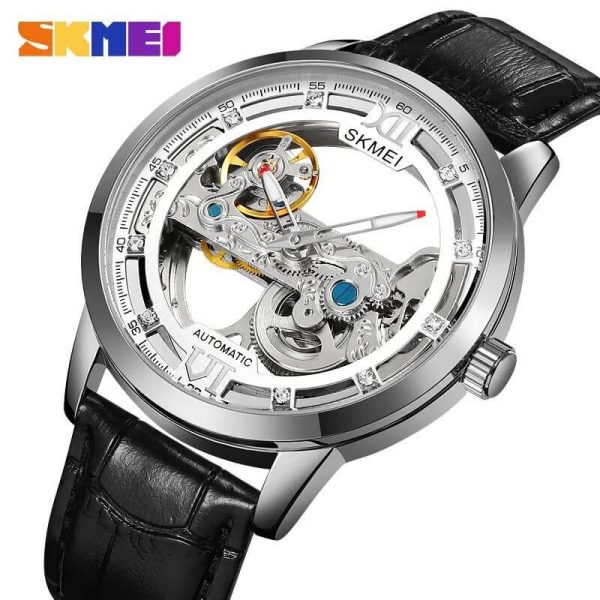 SKMEI M031 Fully Automatic Men's Hollowed Out Fashion Mechanical  Leather Strap Watch - Silver/Black