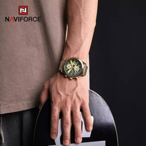 NaviForce NF9211 Men's Fashion Chronograph Day Date Display Stainless Steel Mesh Luminous Watch - Golden/Green - Image 2