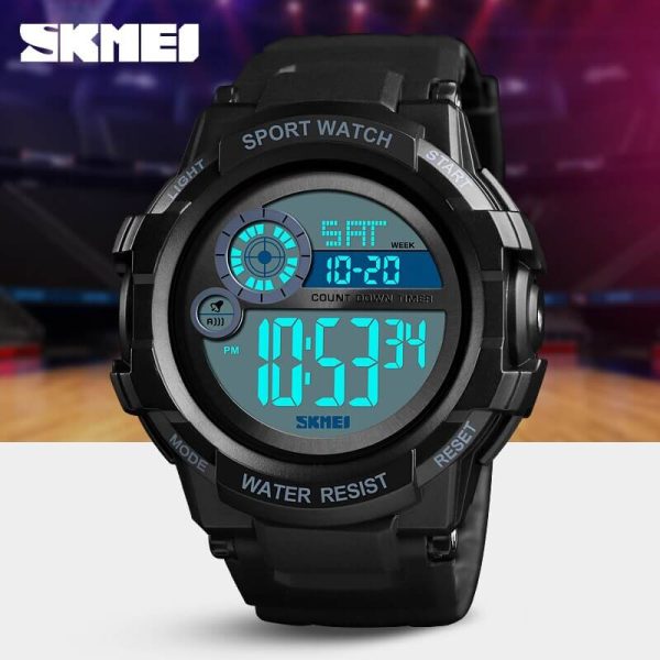 SKMEI 1387 Digital Electronic Outdoor Sport 3 Time Display Alarm 5ATM Waterproof Luminous Watch For Men - Black - Image 2